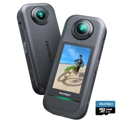Abbildung von AKASO wasserdichte 360 Action Cam mit 64GB Speicherkarte 5.7K 72MP Grad Actionkamera SuperSmooth, 2.29&#039;&#039; Touchscreen, Unsichtbarer Selfie Stick Effekt, Horizon Lock, AI Verfolgung