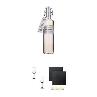 Abbildung von Birkenhof Alte Marille Edition Fasslagerung 0,5 Liter Deutschland + Nosing Gläser Kelchglas Bugatti mit Eichstrich 2cl und 4cl 2 Stück Schiefer Glasuntersetzer eckig ca. 9,5 cm Ø