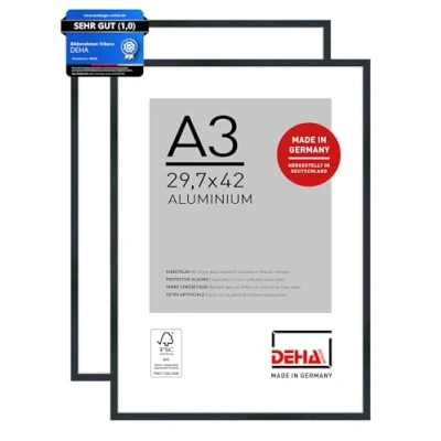 Abbildung von DEHA Design Bilderrahmen, 29,7 x 42 cm (A3) (2er Set), Aluminium, Schwarz matt, Posterrahmen zum Aufhängen im Hoch &amp; Querformat, bruchsicheres Kunstglas, Tribeca