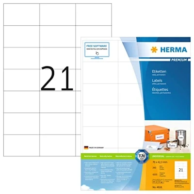 Abbildung von HERMA 4616 Adressetiketten, 200 Blatt, 70 x 42,3 mm, 21 pro A4 Bogen, 4200 Stück, selbstklebend, bedruckbar, matt, blanko Papier Adressaufkleber Etiketten, weiß