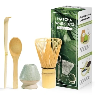 Abbildung von Matcha Set, 4 teilig, japanische Zeremonie, natürlicher Schneebesen, Löffel aus Bambus, Schaufel Halterung für Teezeremonie Graubraun