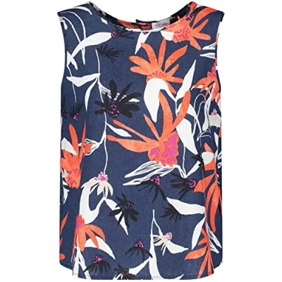 Abbildung von Gerry Weber Damen Ärmellose Leinenbluse mit geknöpftem Rücken ärmellos floral, Gemustert Blau/Rot/Orange Druck 48