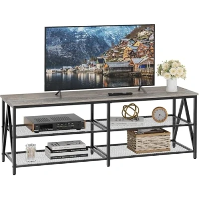 Abbildung von TV Schrank, Fernsehtisch, Lowboard für Fernseher bis zu 65 Zoll, Fernsehschrank mit 3 offenen Fächern, Regal Wohnzimmer Schlafzimmer, 140 x 40 50 cm, Industrie Design, Stahlgestell, Grau