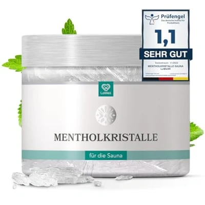 Abbildung von LoWell® 200g Mentholkristalle aus 100% reiner Minze Ideal als Sauna Aufgussmittel für die in wiederverschließbarer Dose Menthol