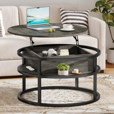 Abbildung von DWVO Couchtische für Wohnzimmer, runder Couchtisch, Couchtisch mit Ablagefläche und verstecktem Fach, rustikaler Kleiner Holz Mitteltisch, rustikales