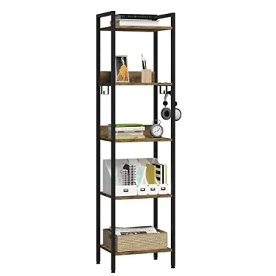 Abbildung von EUGAD Bücherregal mit 5 Ebenen, Standregal industriell, freistehendes Regal, Aufbewahrungsregal fürBüro Wohnzimmer Schlafzimmer Küche,mit 4 Haken, Schwarz +Vintage Holzoptik, 40x30x152,5cm