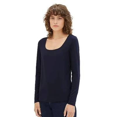 Abbildung von TOM TAILOR Damen Basic Henley Longsleeve, 10668 Sky Captain Blue, XXS