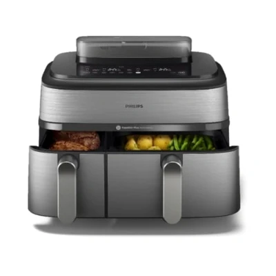 Abbildung von Philips Heißluftfritteuse 5000 Series NA555/00, Dual Basket mit Steam und 9L Kapazität (6L+3L), 2750 W, RapidAir Plus Technologie, Dampfreinigung, HomeID App, Silber
