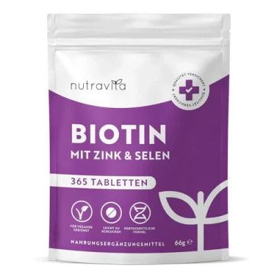Abbildung von Biotin + Selen Zink Tabletten für Haut, Haare &amp; Nägel 365 vegane 1 Jahr Haar Vitamine Haarwachstum Hochdosiert Laborgeprüft Nutravita