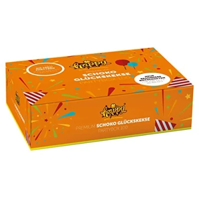 Abbildung von Glückskeks Happy Schoko Partybox (100 Kekse) &quot; Vegan, in einer 100er Box, mit inspirierenden Botschaften (1Box = 100 Glueckskekse a 6g)