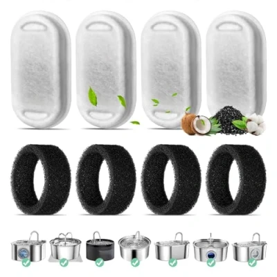 Abbildung von Katzenbrunnen Filter, 4 Pack Ersatzfilter für 108oz/3.2L Edelstahl Katzenbrunnen, Stück Kohlefilter und Schaumfilter Dreifach Filterung Filter 67oz/2L Trinkbrunnen Katzen Hunde