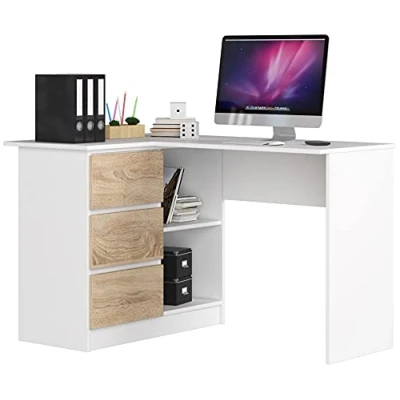 Abbildung von AKORD Eck Schreibtisch B 16 mit 3 Schubladen und 2 Ablagen ecktisch für Home Office Einfache Montage B124 x H77 T85, 48 kg Weiß &amp; Sonoma Eiche Front