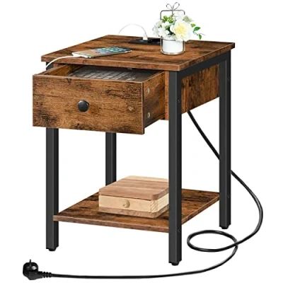 Abbildung von HOOBRO Nachttisch mit Ladestation und USB Anschlüssen, Beistelltisch Schublade Ablage, Nachtschrank für kleine Räume Schlafzimmer, Vintagebraun Schwarz EBF40CBZ01