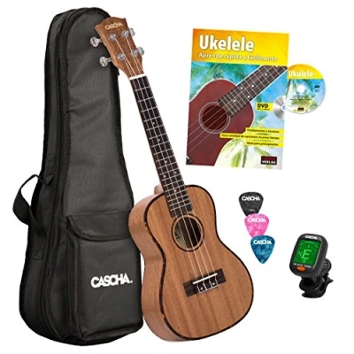 Abbildung von Cascha Konzert Ukulele Set I Starter Kit mit 3 Plektren Tasche Stimmgerät &amp; spanischem Lehrbuch Mahagoni Kleine Hawaii Gitarre für Anfänger Fortgeschrittene