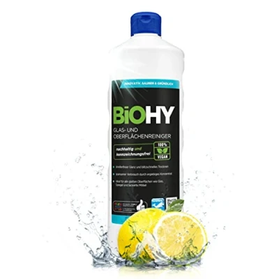 Abbildung von BiOHY Glas und Oberflächenreiniger (1l Flasche) Glasreiniger Konzentrat für streifenfreien Glanz ergiebiger &amp; Kunststoffreiniger Fettlöser Kalkreiniger ideal Fenster Küche