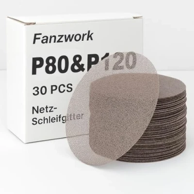 Abbildung von FANZWORK 150 mm Netz Schleifgitter Klett für Exzenterschleifer, Korn P80 (15 Stück), P120 Stück) Set Holz, Metall, Kunststoff &amp; Lack