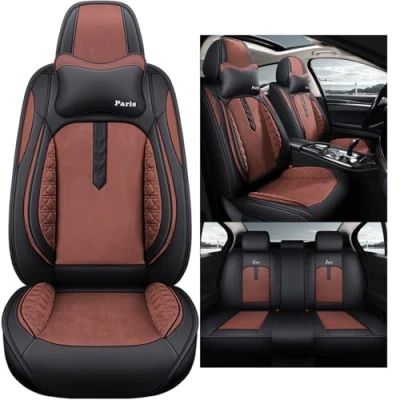 Abbildung von nenyan Autositzbezüge Komplett Set Universal in Premium Design Schonbezüge für die Vordersitze &amp; Rückbank Auto Sitzbezüge Airbag Geeignet Wasserdicht Sitzbezug Braun