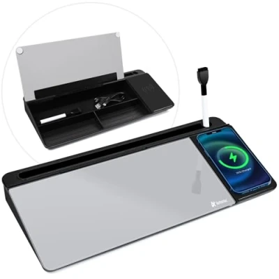 Abbildung von Varhomax Glas Schreibtisch Whiteboard mit kabellosem Ladegerät, trocken abwischbare Aufbewahrung, To Do Liste, Notizblock für Zuhause und Büro (Schwarz Grau)