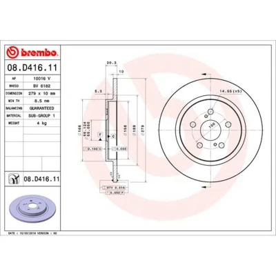 Abbildung von BREMBO 08.D416.11 Bremsscheibe 279 10 5 voll beschichtet LEXUS: CT, TOYOTA: Urban Cruiser