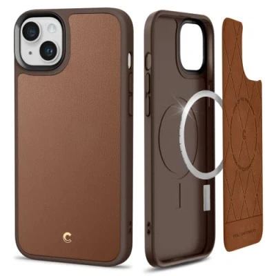 Abbildung von CYRILL von Spigen Kajuk Mag [Kompatibel mit iPhone 14 Plus] Magnetisches kabelloses Laden Premium Lederhülle Schutzhülle Saddle Brown