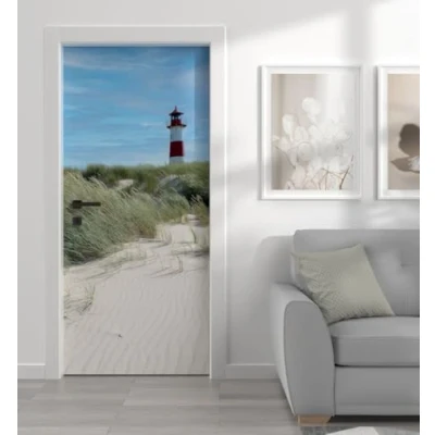 Abbildung von MyMaxxi Tür bekleben mit Türtapete Selbstklebend 90x200 Leuchtturm am Nordsee verschönern Türfolie Türaufkleber XXL Aufkleber Folie Türposter Türklebefolie Strand Sonne Weiss
