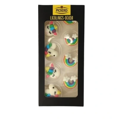 Abbildung von Zuckerdekor / Streudekor &quot;ZUCKER EINHÖRNER + REGENBOGEN&quot; (Essbar 90 g 8 Stück) BACK DEKORATION