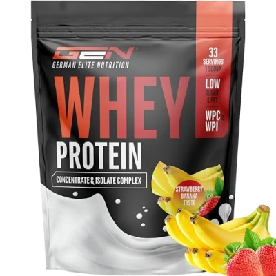 Abbildung von Whey Protein Komplex 1000 g (Strawberry Banana) mit Isolate Anteil Instant lösliches Eiweiss Pulver BCAA &amp; EAA German Elite Nutrition