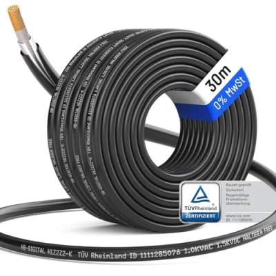 Abbildung von HB DIGITAL 30m Solarkabel H1Z2Z2 K TÜV Rheinland zertifiziertes 6mm² flexibel UV PV Kabel reines Kupfer 1500V DC für Solarpanel inkl. 0% MwSt. gem. § 12 Abs. 3 UStG Schwarz