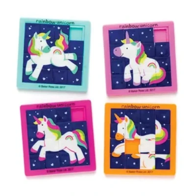 Abbildung von Baker Ross Schiebepuzzles „Regenbogen Einhorn“ für Kinder perfekt als kleine Partyüberraschung (4 Stück), AR581, Sortiert