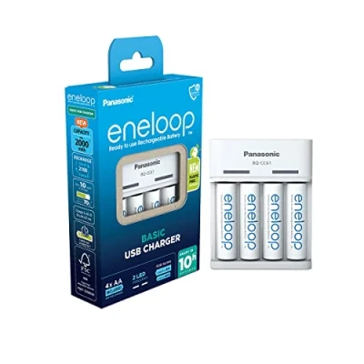 Abbildung von eneloop Basic USB Ladegerät, für 2 4 AA/AAA NI MH Akkus, 10 Stunden Ladezeit, 6 Sicherheitsfunktionen, inkl. AA Akkus (2000 mAh)
