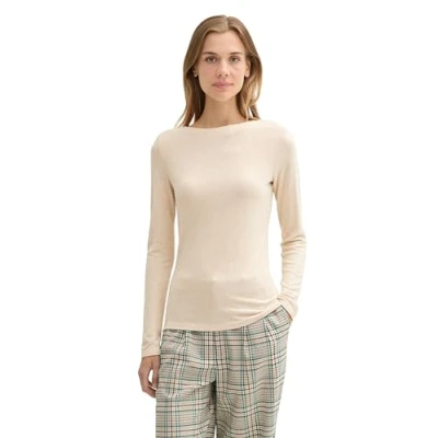 Abbildung von TOM TAILOR Denim Damen 1039801 Basic Longsleeve aus weichem Stoff, 33803 Dusty Sand Beige Melange, Large