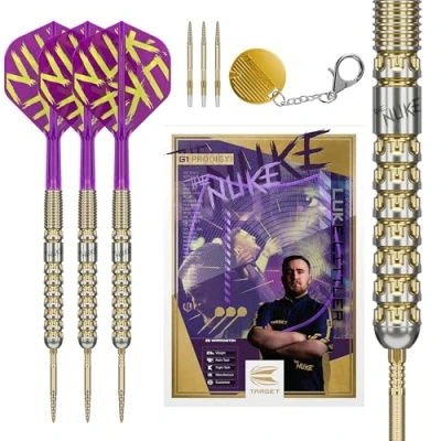 Abbildung von Target Darts Luke Littler Gen 1 Prodigy Swiss Point Steeldarts, 90% Tungsten Darts, 24G Generation Gold Player Edition Points Dart Sets, K Flex Flights und Shafts