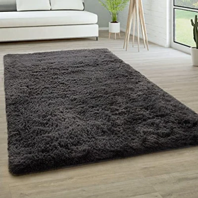 Abbildung von Paco Home Hochflor Teppich Wohnzimmer rutschfest Fellteppich Shaggy Flauschig Weich Modern Kunstfell Fell Imitat Einfarbig, Grösse:200x290 cm, Farbe:Anthrazit