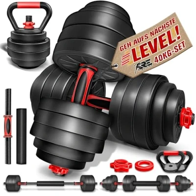 Abbildung von RE:SPORT 2 in 1 Hanteln Set mit Kettlebell 40kg Hantelset verstellbar Kurzhantel &amp; Langhantel Sternverschlüsse Verbindungsrohr