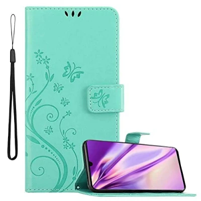 Abbildung von Cadorabo Hülle kompatibel mit Huawei P30 PRO Blumen Design aus Premium Kunst Leder Flip Klappbare Stoßfeste Magnetische [Standfunktion] [Kartenfächern] Cover für Tasche in Türkis