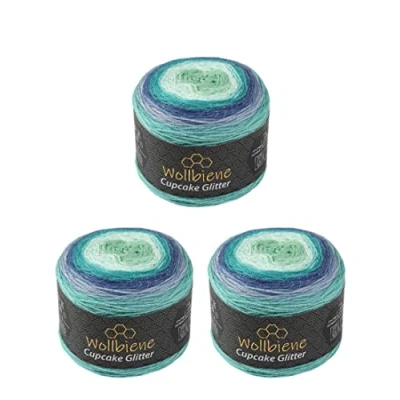 Abbildung von Cupcake Glitter Simli 3 x 150g Strickwolle 450 Gramm Wolle zum Stricken und Häkeln Babywolle türkische Farbverlaufswolle Glitzer (3090 blau türkis grün)