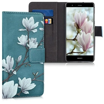Abbildung von kwmobile Wallet Case kompatibel mit Huawei P10 Lite Hülle Cover Ständer und Kartenfächern Magnolien Taupe Weiß Blaugrau
