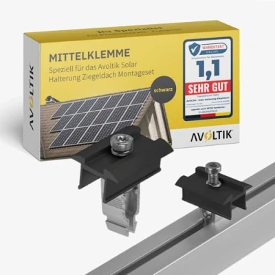 Abbildung von Avoltik Solar Zusatz Mittelklemme in schwarz speziell für das Halterung Ziegeldach Montageset ermöglicht die Montage von Solarmodulen übereinander oder alternativen Konfigurationen