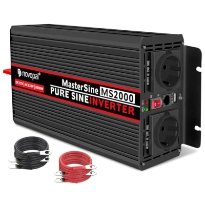 Abbildung von novopal 2000W KFZ Reiner Sinus Spannungswandler Auto Wechselrichter 12v auf 230v Umwandler Inverter Konverter mit 2 EU Steckdose und USB Port inkl. 5 Meter Fernsteuerung Spitzenleistung 4000 Watt