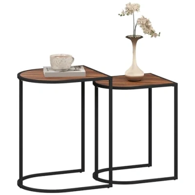 Abbildung von HOMCOM 2er Set Couchtisch, Eckiger Beistelltisch, Kaffeetisch mit Stahlgestell, Sofatisch stapelbar, für Wohnzimmer, bis 20 kg Belastbar, Braun+Schwarz
