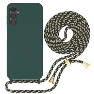 Abbildung von EAZY CASE Handyhuelle mit Kordel zum Umhängen Samsung Galaxy A14 5G Ultra Dünn, Flexibles Silikon, Fallschutz, Guter Griff Handyhülle, Nacht Grün/Grün Camouflage Clips Gold