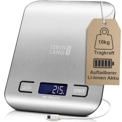 Abbildung von LEBENLANG Digitale Küchenwaage USB aufladbar Bis 10Kg inkl. Ladekabel I Präzise Küchenwage Food &amp; Kitchen scale Küchenwaagen Kuchenwaage Lebensmittelwaage Essenswaage Kleine 1g genau