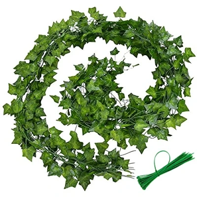 Abbildung von EMSMIL 12 Stück Efeu Künstlich Girlande Hängend Deko mit Nylon Kabelbinder Grün Efeugirlande Künstliche Hängepflanzen Kunstpflanze für Zimmer Büro Balkon Garten Hochzeit Party Wanddeko