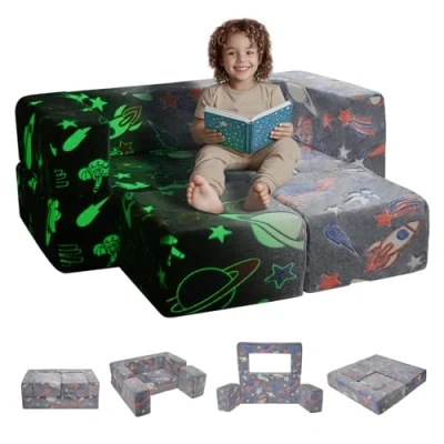 Abbildung von VEVOR Spielsofa Kindersofa aus 25D Schaum Bausteine 10 teilig, Kinderspielsofa mit abnehmbarem Bezug 90 kg belastbarer Kindercouch, umwandelbares Spielzimmermöbel im Dunkeln Leuchten
