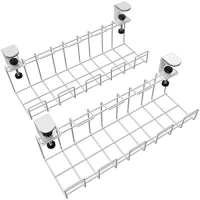 Abbildung von Kabelhalter Schreibtisch klemmbar für Ordnung am Arbeitsplatz verstaut Kabel, Ladegeräte &amp; Steckdosenleisten werkzeugfrei (2x Größe M, weißes Metall, Kabelorganizer Kabelmanagement) KD Essentials