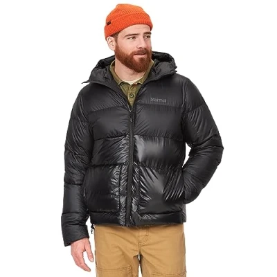 Abbildung von Marmot Men&#039;s Guides down Hoody, Lightweight jacket, warm winter puffy, water repellent quilted coat, windproof functional packable outdoor jacket with hood, Black, S