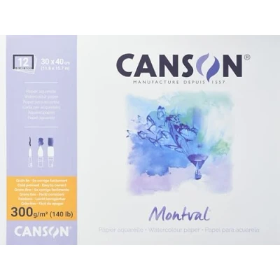 Abbildung von CANSON Montval, Aquarellpapier, fein, 300 g/m², rundum geleimter Block, 30 x 40 cm, Weiß, 12 Blatt