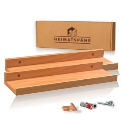 Abbildung von Heimatspäne 2er Set Bilderleiste Kernbuche 40cm Wandregal Holz [inkl. Schraubenabdeckungen aus Echtholz] Regalbrett als Wandboard oder Schweberegal