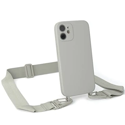 Abbildung von EAZY CASE Handykette Silikon mit Karabiner kompatibel iPhone 12 Mini Handyhülle breitem Umhängeband, Handykordel Silikon, Hülle Band, Kette für Smartphone, Taupe Clips