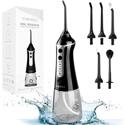 Abbildung von TUREWELL FC1591 Oral Munddusche Kabellos Elektrisch mit 3 Modi und 5 Düsen Wasser flosser IPX7 Wasserdicht USB Aufladen 300ML Irrigator water Zahnreiniger für Zuhause Reise